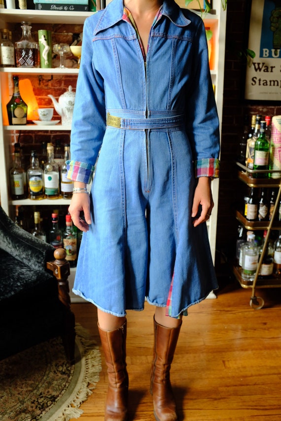 1970s Faded Glory Denim Bellbottom Romper/Jumpsuit