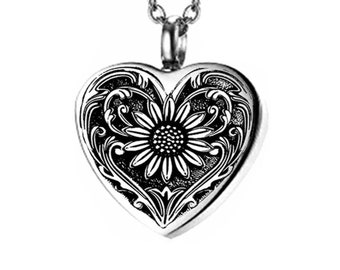 Heart With Sunflower Imprinted Cremation Necklace, Urn, Ashes, Memorial, Keepsake
