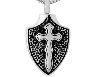 Cross On A Shield Cremation Necklace, Urn, Shield, Mens, Pendant