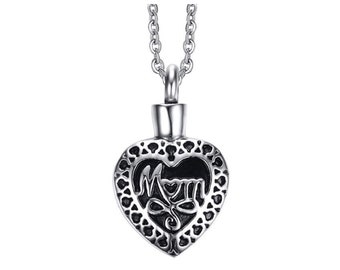 Heart Shaped Cremation Mom Necklace With Filigree Design, Ashes, Urn, Keepsake, Memorial