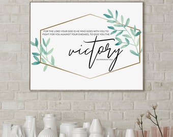 Deuteronomy 20:4 Inspirational Wall Art, Encouraging Bible Verse Eucalyptus Gold Detail Print, Motivational Scripture Instant Download