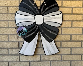 Black and White Glitter Bow Door hanger Holiday | Joy |