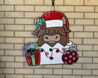 Highland Cow Christmas Door hanger Holiday | Joy |
