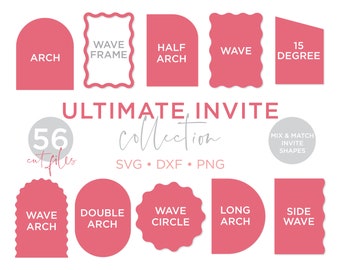 Könnte beinhalten: Ein Set mit 56 rosa und weißen SVG-, DXF- und PNG-Schnittdateien zum Erstellen von Einladungen. Die Dateien beinhalten verschiedene Formen wie Bögen, Wellen, Kreise und Rahmen. Der Text "ULTIMATE INVITE collection" wird in der Mitte des Bildes angezeigt.
