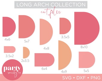 Könnte beinhalten: Ein Set mit 10 langen Bogen-Schnittdateien in verschiedenen Größen von 2x3,5 Zoll bis 8x10 Zoll. Die Dateien sind in Rosa- und Pfirsichtönen gehalten und perfekt für Bastelprojekte.