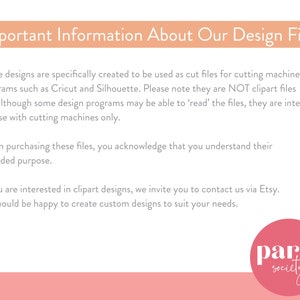 May include: Important information about design files for cutting machines, such as Cricut and Silhouette. These files are not clipart and are intended for use with cutting machines only. The text also mentions that the seller can create custom designs.