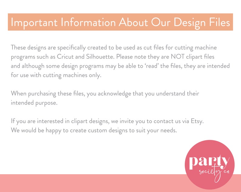 May include: Important information about design files for cutting machines, such as Cricut and Silhouette. These files are not clipart and are intended for use with cutting machines only. The text also mentions that the seller can create custom designs.