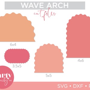 Op de afbeelding: Vier digitale snijbestanden voor een golfboogontwerp. De bestanden bevatten een boog van 15,24x10,16 cm, een boog van 10,16x15,24 cm, een boog van 12,7x12,7 cm en een ovaal van 8,89x12,7 cm. De bogen zijn in roze en oranje tinten.