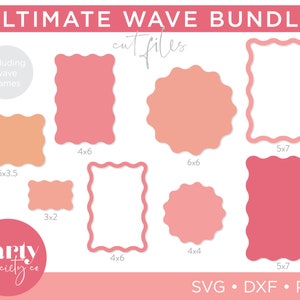 Puede incluir: Un conjunto de 10 archivos de corte digital para manualidades. Los archivos incluyen varias formas de marcos ondulados en colores rosa y melocotón. Los marcos están etiquetados con sus dimensiones en pulgadas. El texto "ULTIMATE WAVE BUNDLE" y "cut files" está en la parte superior de la imagen. El texto "SVG DXF PNG" está en la parte inferior de la imagen.