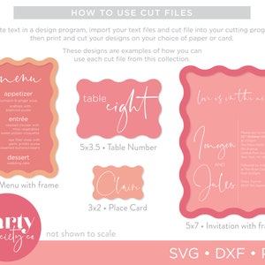 May include: A pink and white printable design set for a wedding or party. The set includes a menu, table number, place card, and invitation. The text on the invitation reads "Love is in the air" and includes the names "Imogen" and "Jules".