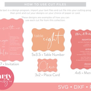 May include: A set of printable wedding invitation, table number, place card, and menu templates. The designs are in a peach and pink color scheme with white text. The text includes "love is in the air", "Imogen and Jules", "table eight", "Clair", and "menu".