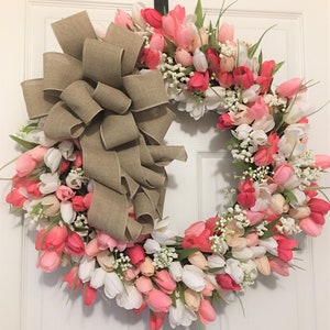 Spring Tulip Wreath, Pink and White Tulip Wreath, Tulip wreath with a bow
