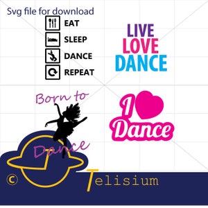 May include: A digital design featuring a silhouette of a dancer with the text "Born to Dance" and a circle with the text "Dance" and the letter "C" inside. The design also includes the text "Live Love Dance" and "I Love Dance" with a pink heart.