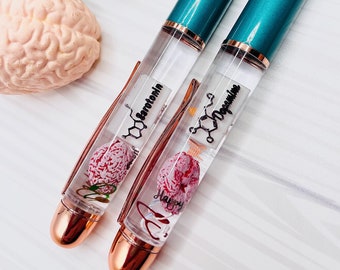 Stylos à flotteur cérébral à sérotonine / Dopamine / TDAH / Neurodivergent / Stylos personnalisés / Stylos mignons / Cadeau de psychologue / Cadeau de psychiatre / Stylos à encre