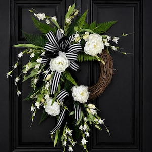 White Peony Grapevine Wreath, Black and White Bow Wreath, Elegant Spring Summer Door Decor, Fern and Floral Wreath, Front Door Accent