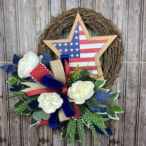 Patriotic Grapevine Wreath, American Flag Star Wreath, Fourth of July Decor, Red White Blue Door Wreath