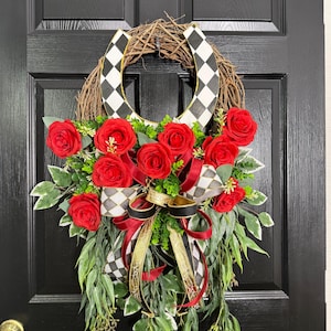 Derby Wreath, Horseshoe Wreath, Red Rose Door Wreath, Kentucky Derby Decor, Spring Front Door Wreath, Farmhouse Door Decor