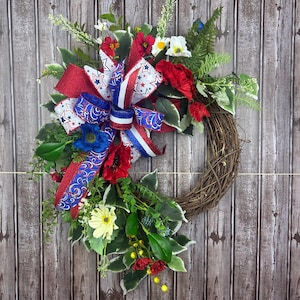 Patriotic Grapevine Wreath, Fourth of July Door Decor, Red White Blue Summer Wreath, Americana Bow Wreath