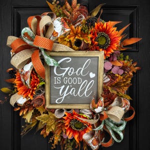 Fall Sunflower Wreath, God Is Good Yall Wreath, Pumpkin Front Door Decor, Farmhouse Autumn Wreath, Thanksgiving wreath