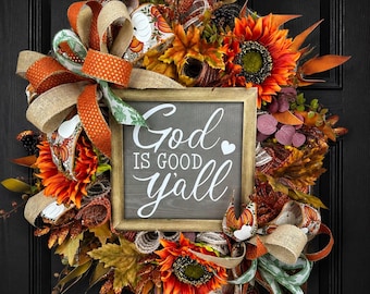 Fall Sunflower Wreath, God Is Good Yall Wreath, Pumpkin Front Door Decor, Farmhouse Autumn Wreath, Thanksgiving wreath