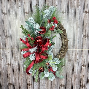 Christmas wreath, red bow wreath, holiday front door wreath, berry ornament wreath, farmhouse Christmas decor, red bell Christmas grapevine.