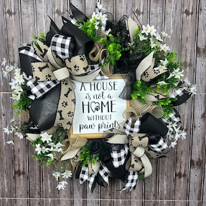 Dog Lover Wreath, Paw Print Wreath, Black White Burlap Wreath, Pet Memorial Wreath, Front Door Decor