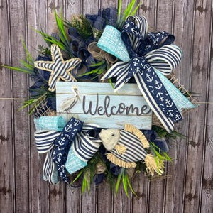 Nautical Welcome Wreath, Coastal Front Door Decor, Beach House Wreath, Summer Wreath, Anchor Bow Wreath, Ocean Theme Decor