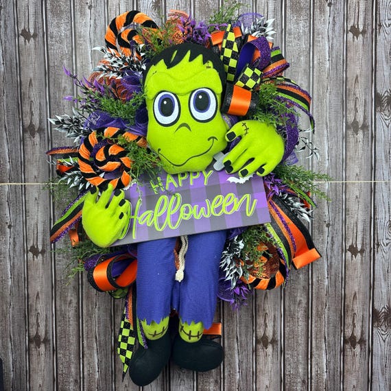 Frankenstein Halloween Swag, Monster Door Decor, Spooky Front