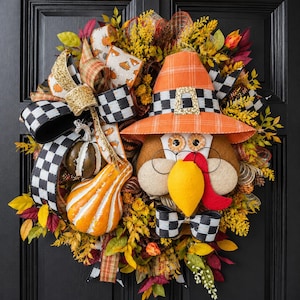 Turkey Fall Wreath, Thanksgiving Front Door Wreath, Pumpkin Farmhouse Decor, Autumn Door Hanger, Buffalo Check Fall Wreath