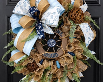Nautical Front Door Wreath, Welcome Aboard Wreath, Coastal Door Hanger, Beach House Decor, Ship Wheel Wreath, Summer Front Door Decor