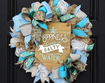 Coastal Summer Wreath, Beach House Front Door Wreath, Nautical Mesh Wreath, Salty Water Wreath, Coastal Door Hanger, Summer Beach Decor