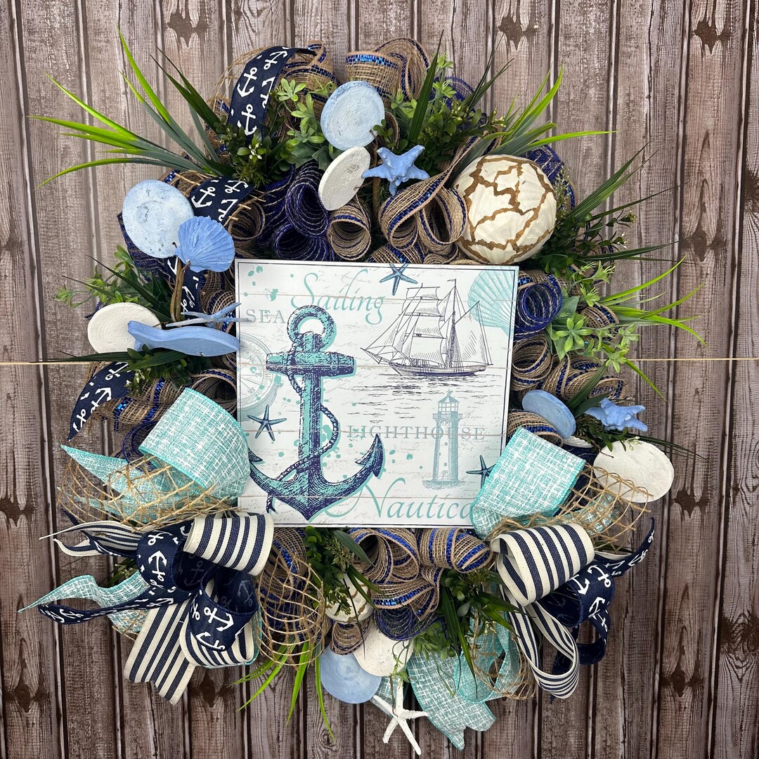 Nautical Anchor Wreath, Coastal Door Decor, Beach Theme Wreath, Ocean ...