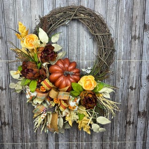 Fall Wreath with Pumpkin, Autumn Grapevine Wreath, Sunflower Ribbon Wreath, Front Door Fall Decor