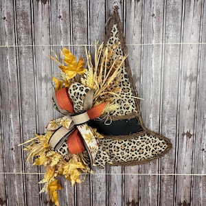 Witch door hanger, fall witch wreath, witch wreath, Halloween door hanger, leopard fall wreath
