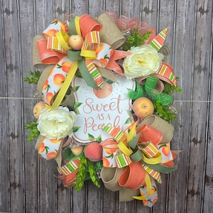 Peach Summer Wreath, Sweet as a Peach Door Decor, Peach Theme Wreath, Burlap Bow Wreath, Farmhouse Summer Wreath
