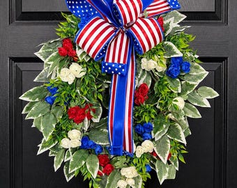 Patriotic Wreath, Fourth of July Door Wreath, Red White Blue Front Door Decor, Summer Wreath, Americana Door Wreath