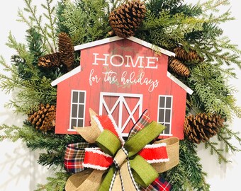 Home for the holidays wreath, Christmas wreath, barn Christmas wreath, rustic Christmas wreath, simple rustic Christmas wreath,