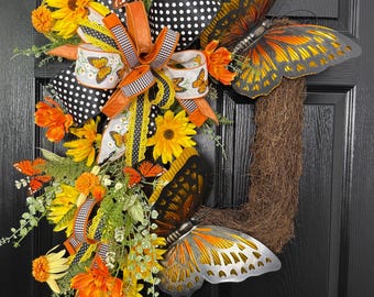 Butterfly Grapevine Wreath, Spring Summer Wreath, Butterfly Door Wreath, Floral Grapevine Wreath, Summer Front Door Decor