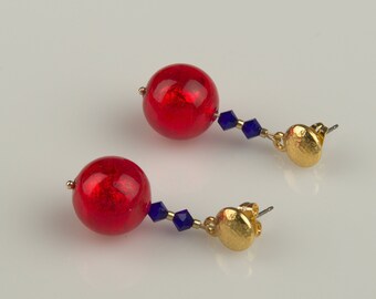 Genuine Venetian Murano Glass earrings designer unique earrings dangling earrings red cobalt blue earrings glass earrings Valentines gift