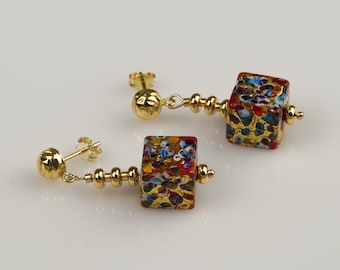 Genuine Venetian Murano Glass earrings designer lampwork earrings dangling earrings gold red blue cube earrings Valentines gift modern
