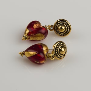 Genuine Venetian Murano Glass earrings designer heart earrings dangling heart earrings red gold earrings Venetian glass Valentines gift