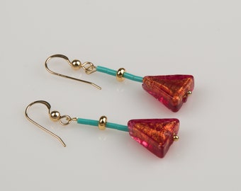 Genuine Venetian Murano Glass earrings designer unique earrings dangling earrings red triangle earrings Venetian glass earrings Valentines