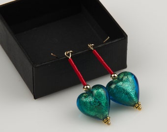 Genuine Venetian Murano Glass earrings designer love heart earrings dangling heart earrings Aqua earrings Venetian glass Valentines gift
