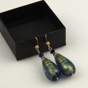 Pendientes genuinos de cristal de Murano veneciano, pendientes de murano de diseño, pendientes colgantes, pendientes de oro azul, pendientes de lágrima de cristal, forma clásica
