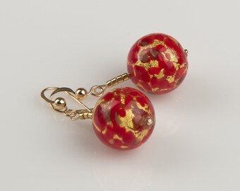 Genuine Venetian Murano Glass earrings designer unique earrings dangling earrings red gold earrings glass earrings Christmas earrings