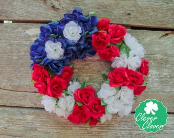 Red White and Blue Flower Wreath, Fourth of July Door Wreath, Flower Flag, American, USA Stars and Stripes