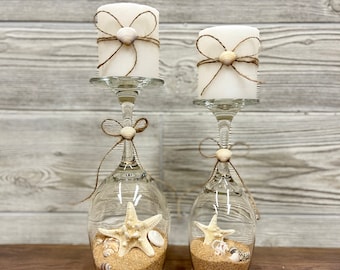 Sand and Seashell Candle Holders - Set of 2 - Coastal Centerpiece - Beach Decor - Beach Candle Holder - Beach Wedding Centerpiece - Glass