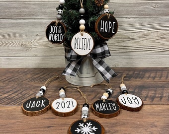Personalized Wood Slice Ornaments -  Rustic Farmhouse Holiday Name Ornaments - Gifts for Secret Santa, Teacher, Grandparent, Co-workers