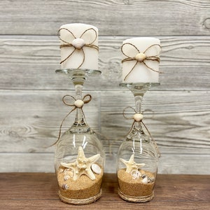 Sand and Seashell Candle Holders - Set of 2 - Coastal Centerpiece - Beach Decor - Beach Candle Holder - Beach Wedding Centerpiece - Glass