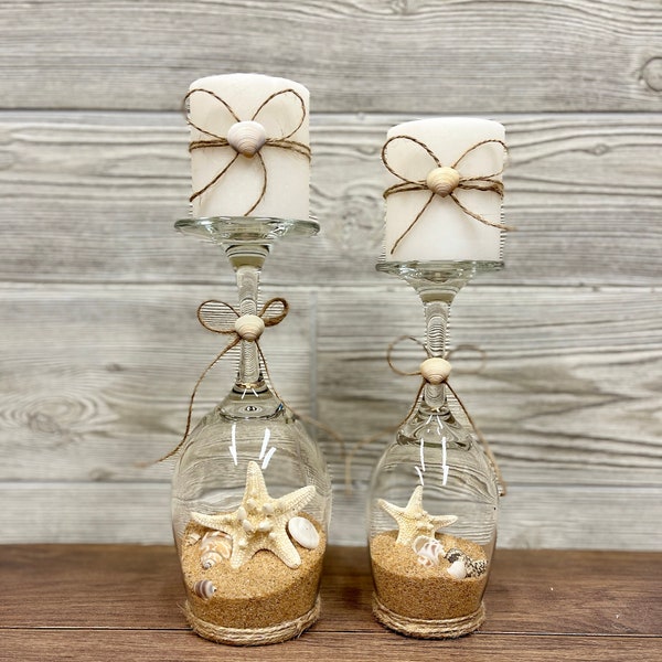 Sand and Seashell Candle Holders - Set of 2 - Coastal Centerpiece - Beach Decor - Beach Candle Holder - Beach Wedding Centerpiece - Glass